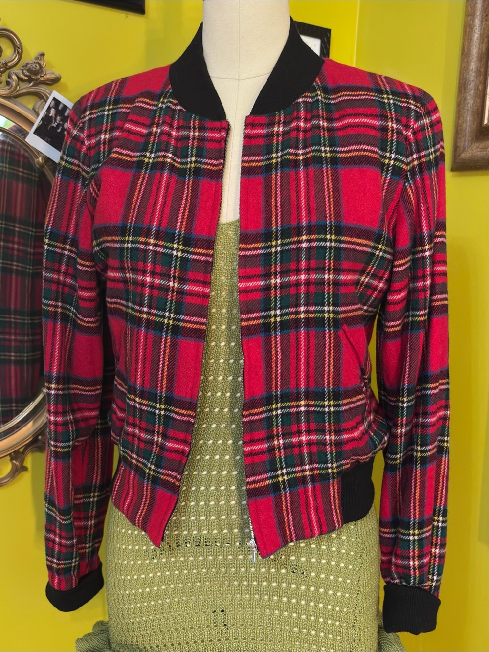 Agnes B. Red Plaid Bomber Jacket Small Medium